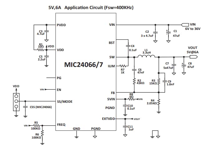Application Circuit Diagram - Microchip Technology MIC24066/7 Switching Buck Regulators